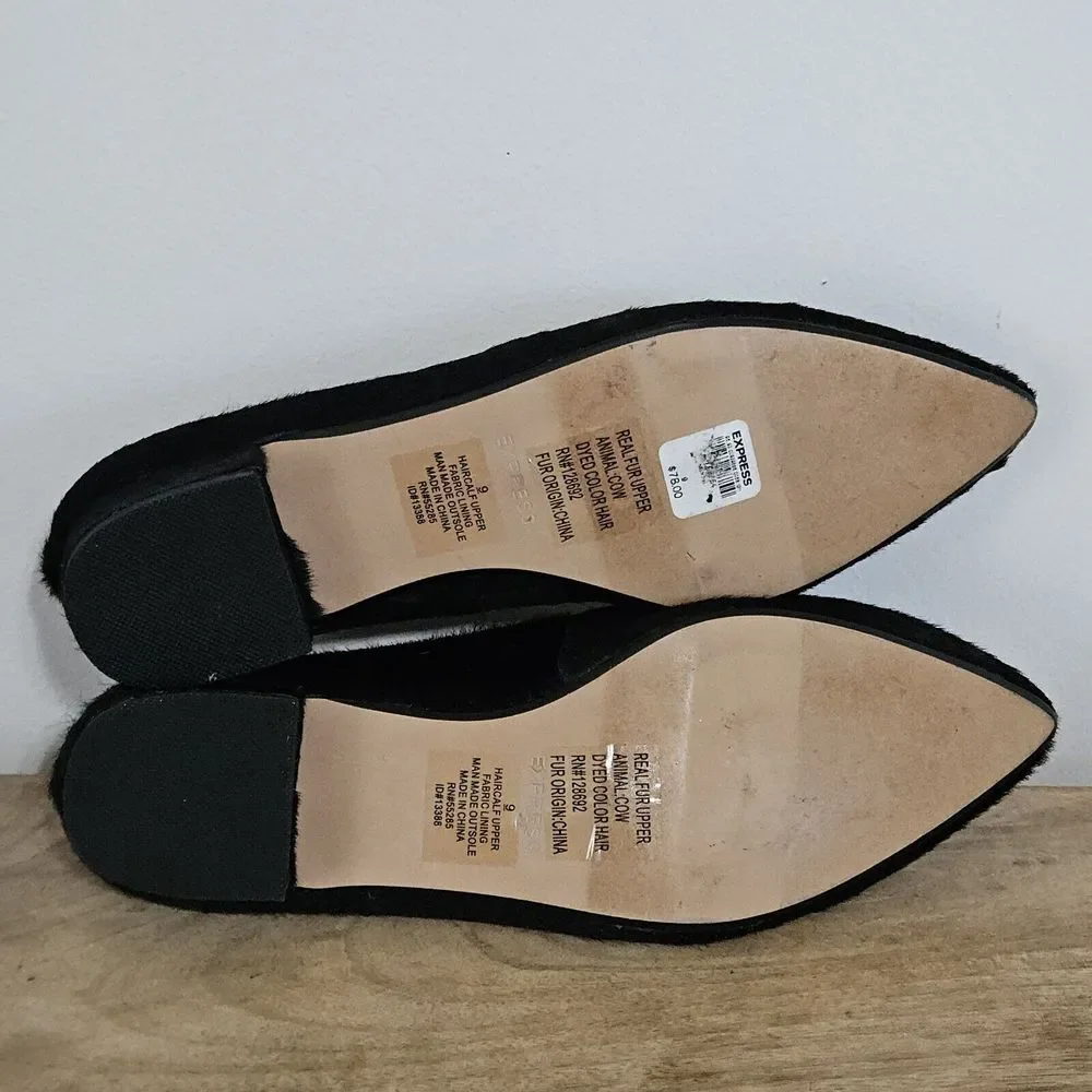 Express Shoes Womens Sz 9 Calf Hair Dress Loafers Slip‎ On Pointed Toe Black